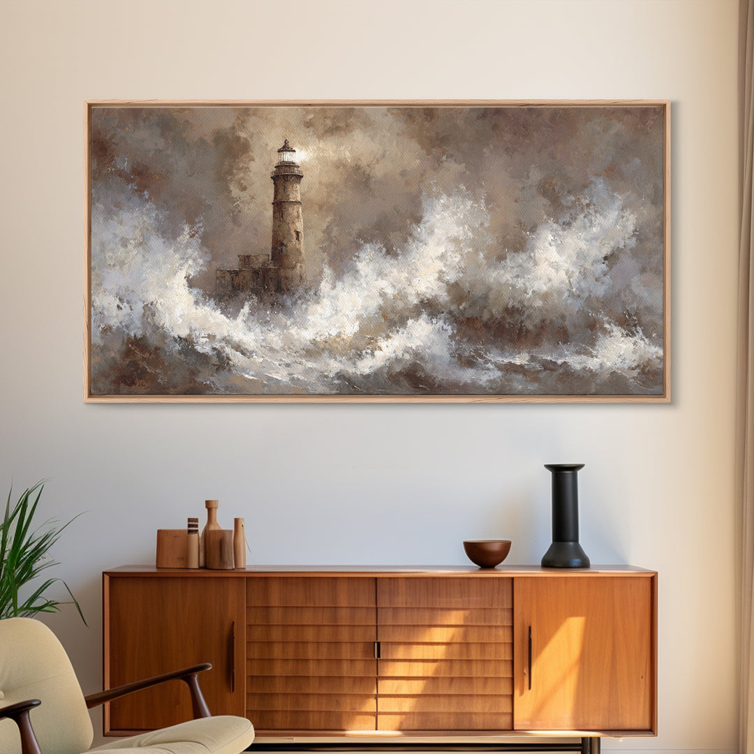 Lighthouse with Crashing Waves Canvas Print, Traditional Art, Art Commissions, Living Room Decor, Classic, Pokemon Poster, TRA-2x1-89