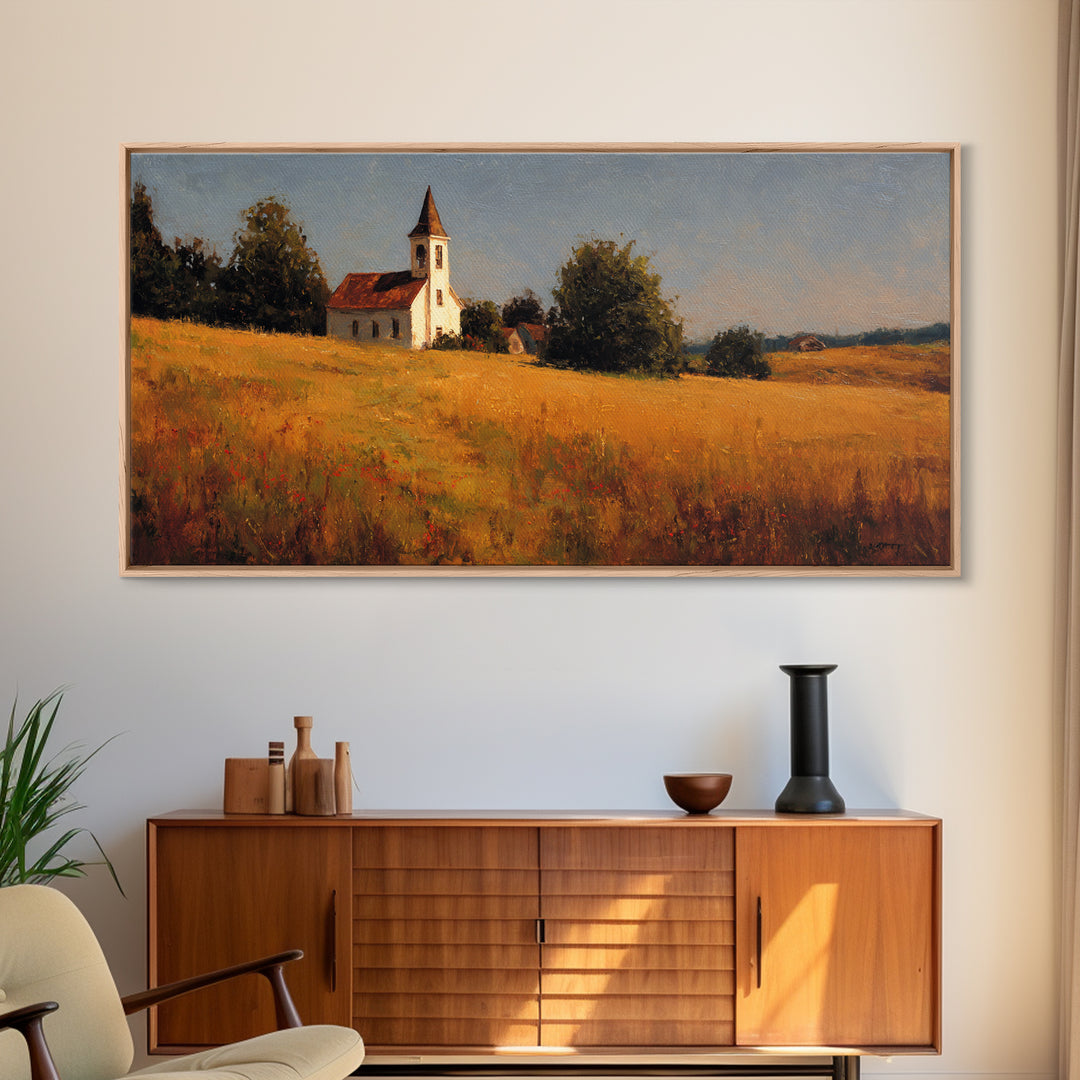 Church Steeple Across Rural Meadow Framed Canvas Print, Traditional Art, Wall Decor, Living Room Decor, Fine Art, Classic, TRA-2x1-9