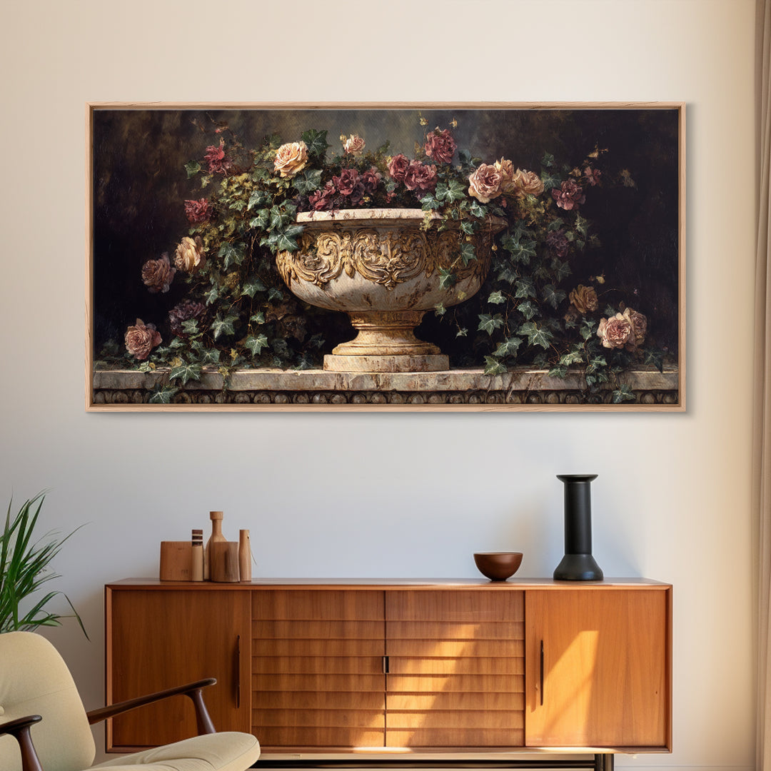 Garden Urn with Roses and Ivy Framed Canvas Print, Traditional Art, Digital Print, Living Room Decor, Watercolor Art, Classic, TRA-2x1-92