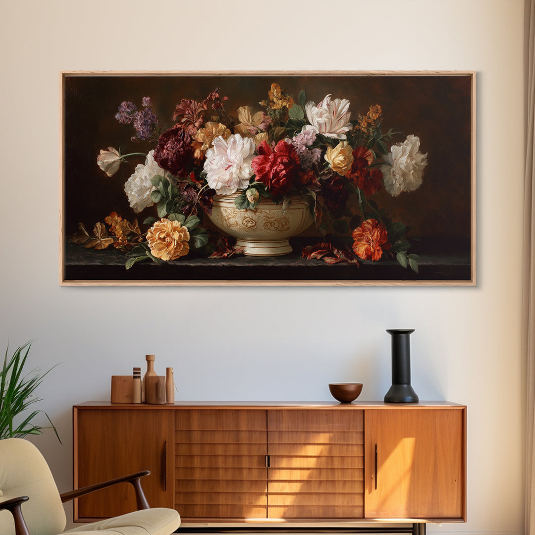 Formal Floral Still Life Canvas Print, Traditional Art, Digital Art, Living Room Decor, Oil Painting, Classic, Custom Art, TRA-2x1-94