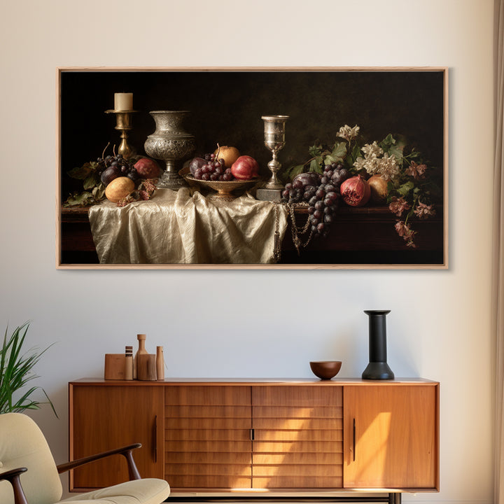 Dutch Fruit and Silver Goblet Still Life Framed Canvas Print, Traditional Art, Furry Art, Living Room Decor, Oil Painting, TRA-2x1-96