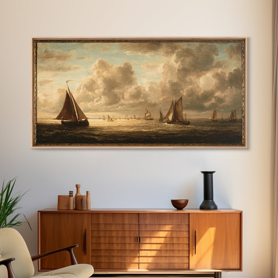 Seascape with Sailboats and Cloudy Sky Framed Canvas Print, Traditional Art, Canvas Print, Living Room Decor, Fine Art, Classic, TRA-2x1-97