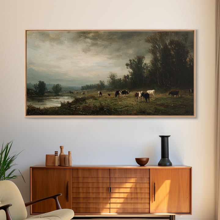 Pastoral Countryside with Cows in Field Framed Canvas Print, Traditional Art, Japanese Art, Living Room Decor, Classic, TRA-2x1-99