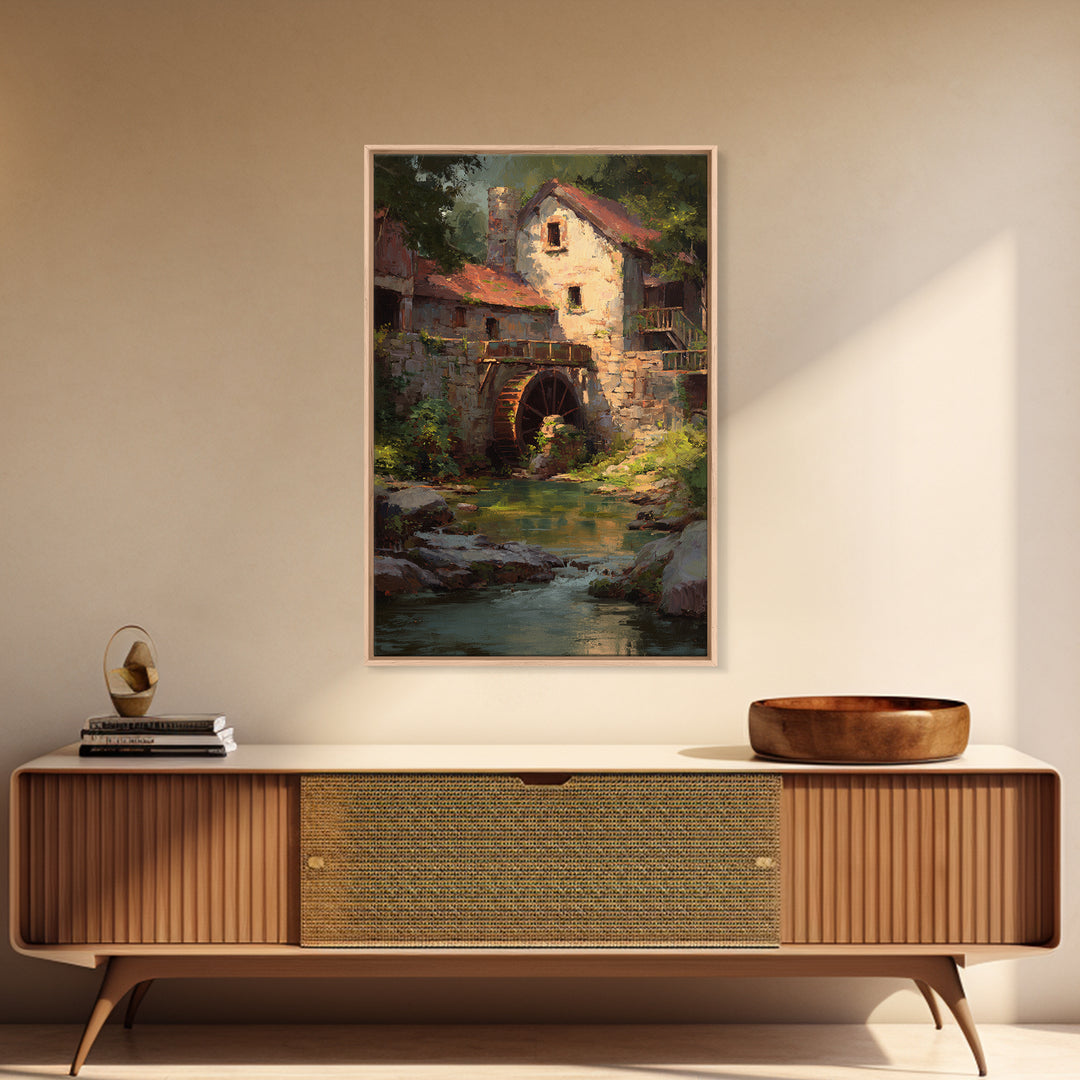 Watermill Beside a Quiet Stream Framed Canvas Print, Traditional Art, Digital Art, Living Room Decor, Fine Art, Classic, TRA-2x3-1