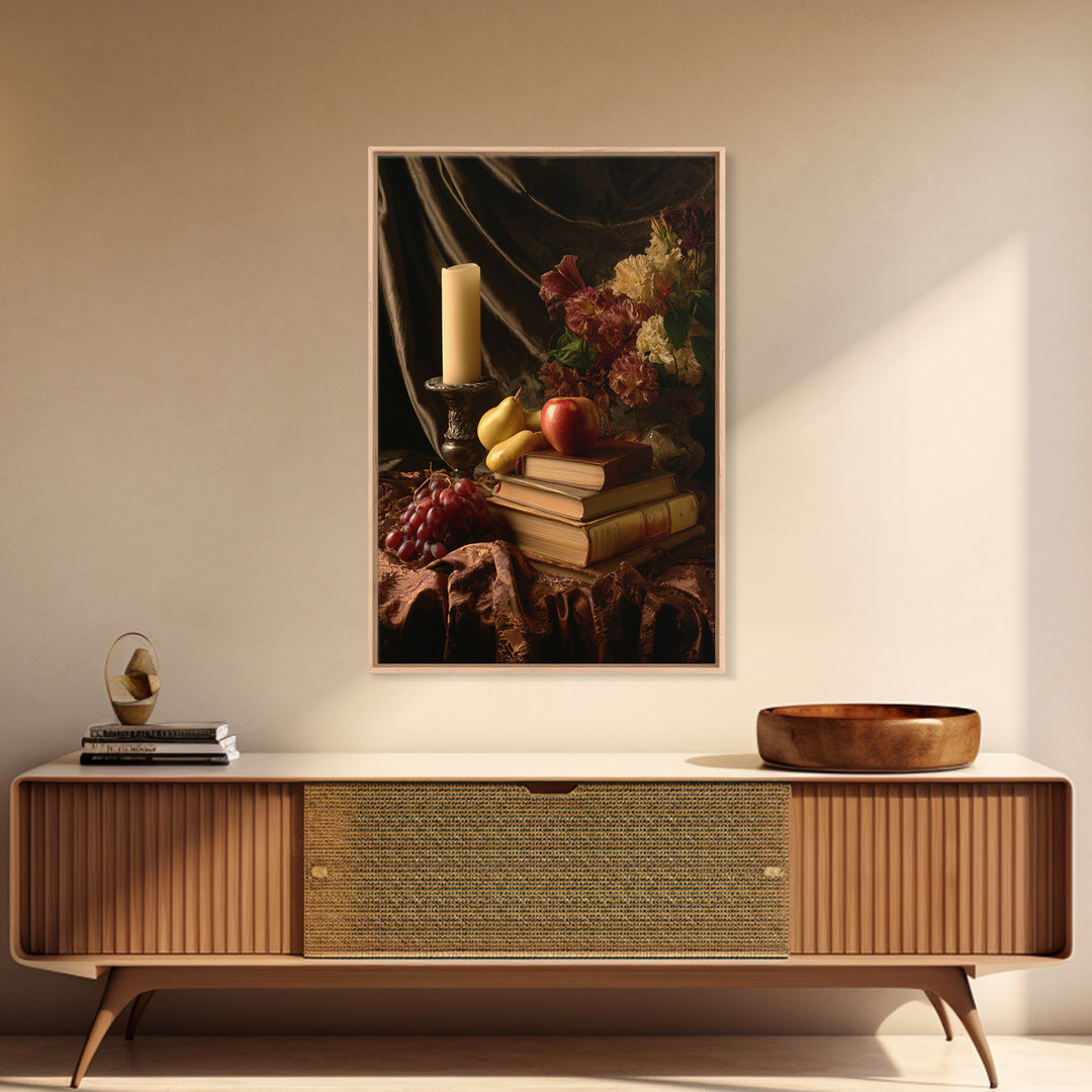 Still Life of Books Candle and Fruit Framed Canvas Print, Traditional Art, Painting, Living Room Decor, Fine Art, Classic, TRA-2x3-100