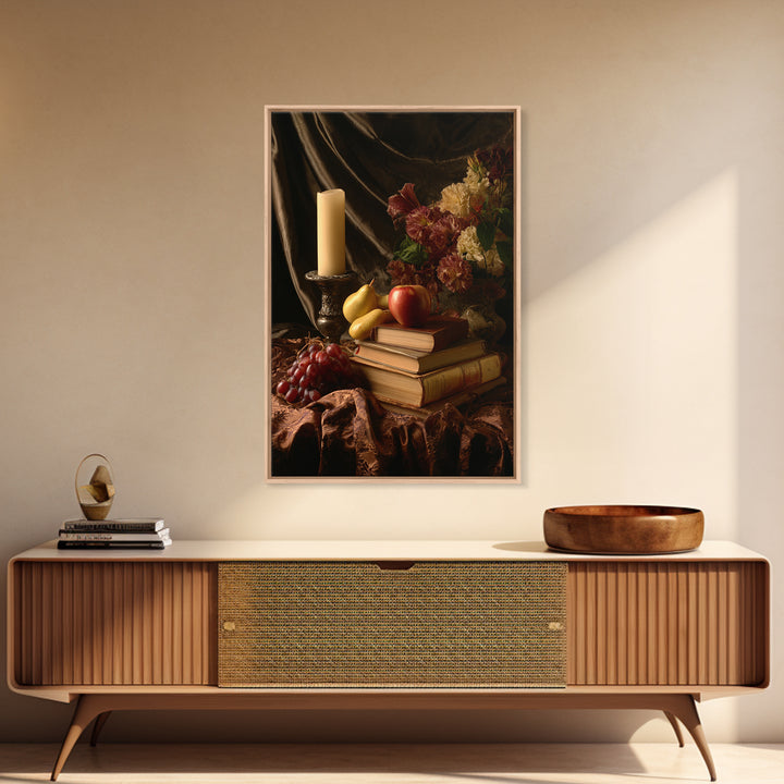 Still Life of Books Candle and Fruit Framed Canvas Print, Traditional Art, Painting, Living Room Decor, Fine Art, Classic, TRA-2x3-100