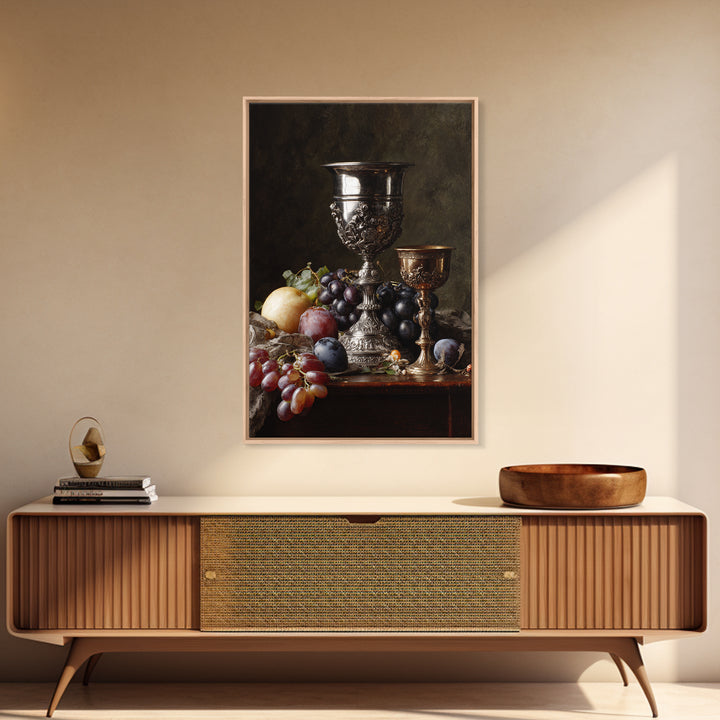 Dutch Fruit and Silver Goblet Still Life Framed Canvas Print, Traditional Art, Living Room Decor, Oil Painting, Classic, TRA-2x3-12