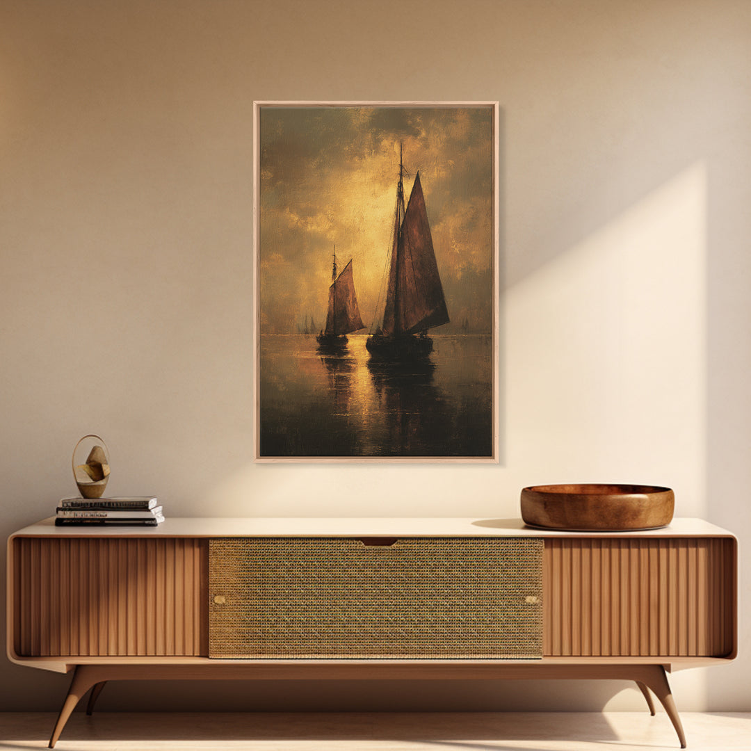 Seascape with Sailboats and Cloudy Sky Framed Canvas Print, Traditional Art, Boho, Living Room Decor, Fine Art, Classic, TRA-2x3-13