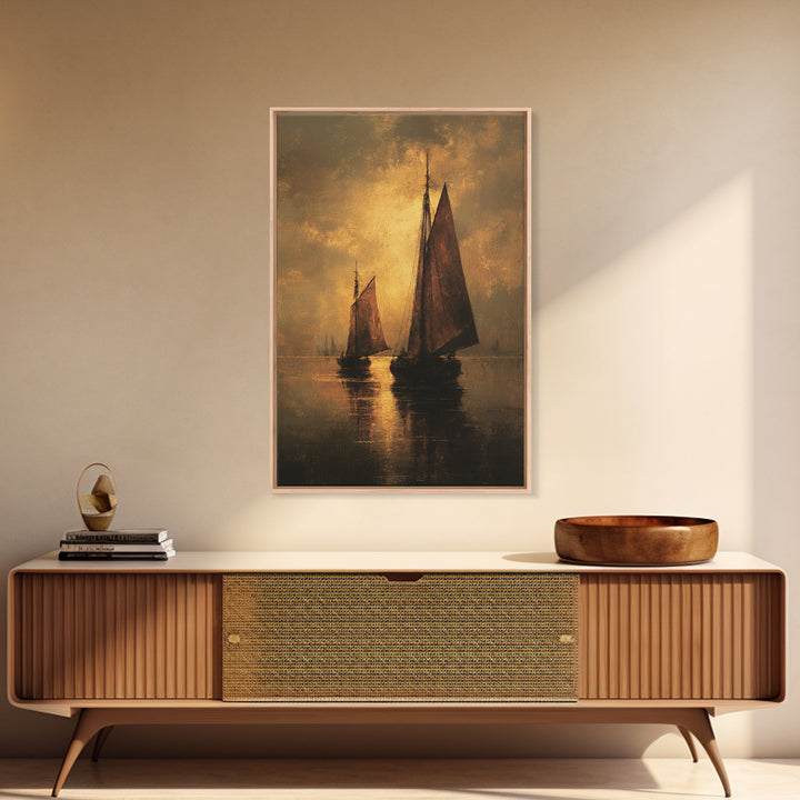 Seascape with Sailboats and Cloudy Sky Framed Canvas Print, Traditional Art, Boho, Living Room Decor, Fine Art, Classic, TRA-2x3-13