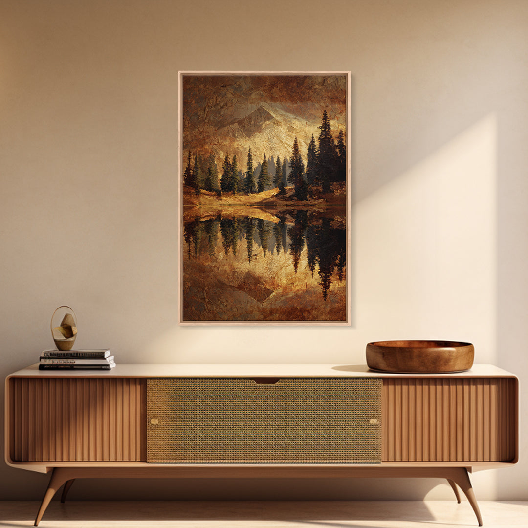 Mountain Lake with Pine Forest Reflection Framed Canvas Print, Traditional Art, Wall Hanging, Living Room Decor, Classic, TRA-2x3-17