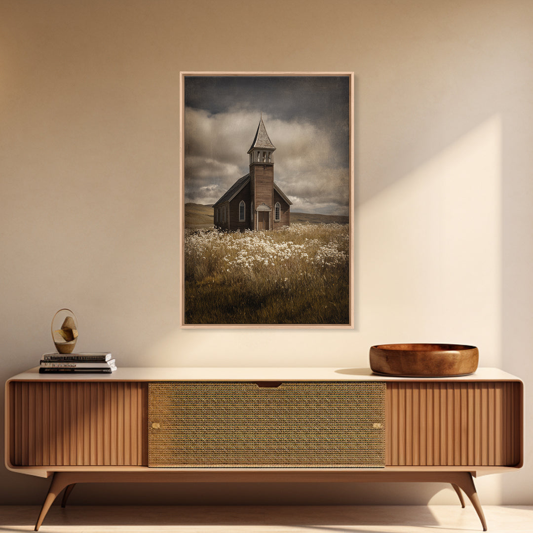 Church Steeple Across Rural Meadow Framed Canvas Print, Traditional Art, Art Print, Living Room Decor, Fine Art, Classic, TRA-2x3-21