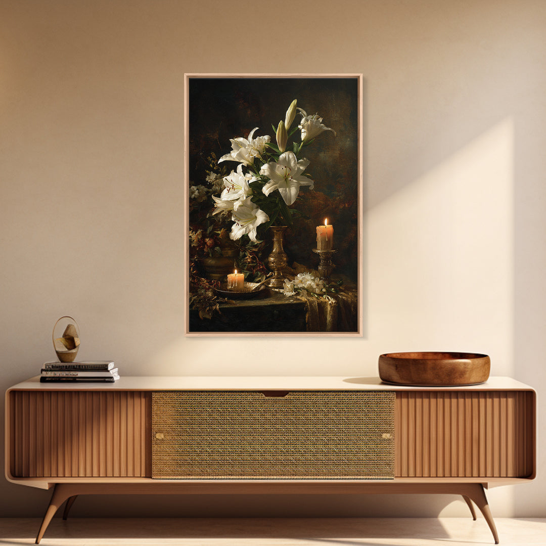 White Lilies on Dark Background Canvas Print, Traditional Art, Decor, Living Room Decor, Fine Art, Classic, Japanese Art, TRA-2x3-23