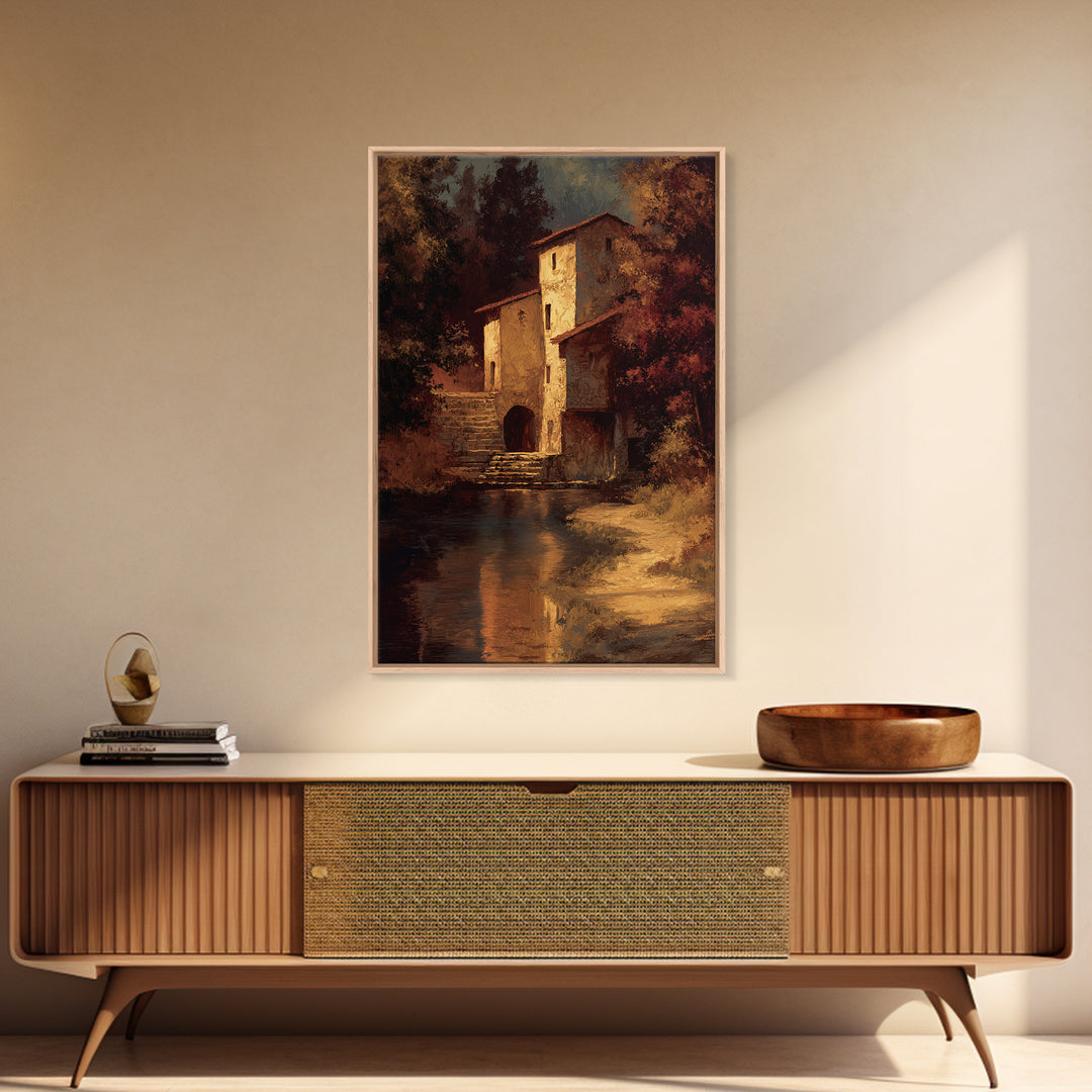 Watermill Beside a Quiet Stream Framed Canvas Print, Traditional Art, Digital Art, Living Room Decor, Fine Art, Classic, TRA-2x3-25