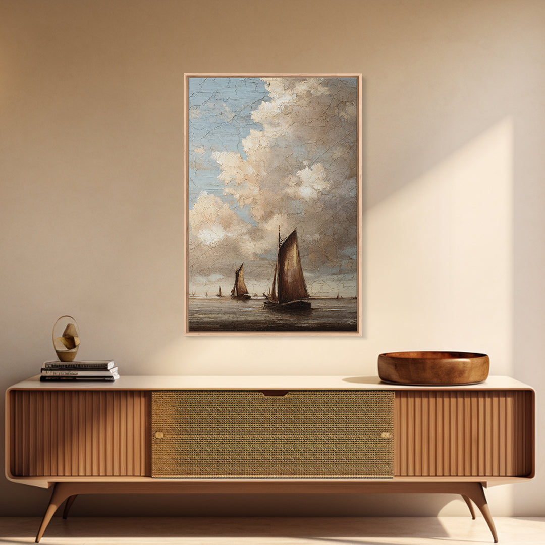 Seascape with Sailboats and Cloudy Sky Framed Canvas Print, Traditional Art, Boho, Living Room Decor, Fine Art, Classic, TRA-2x3-37