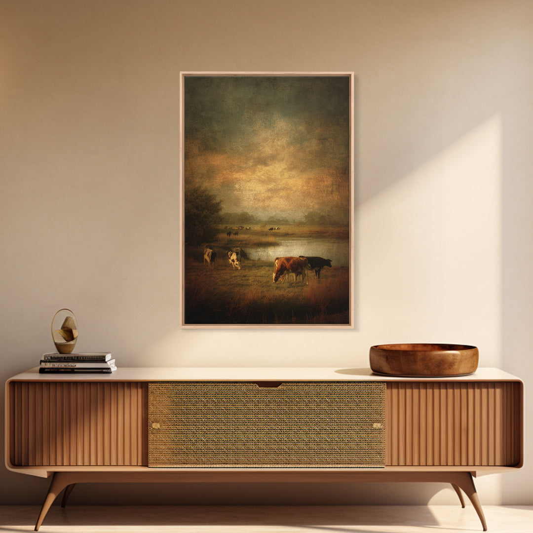 Pastoral Countryside with Cows in Field Canvas Print, Traditional Art, Art Commission, Living Room Decor, Fine Art, Classic, TRA-2x3-39