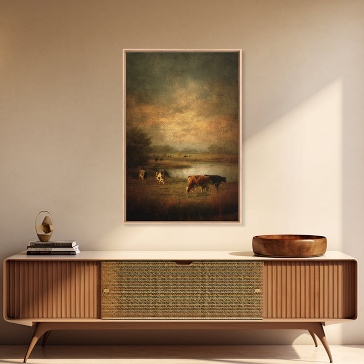 Pastoral Countryside with Cows in Field Canvas Print, Traditional Art, Art Commission, Living Room Decor, Fine Art, Classic, TRA-2x3-39