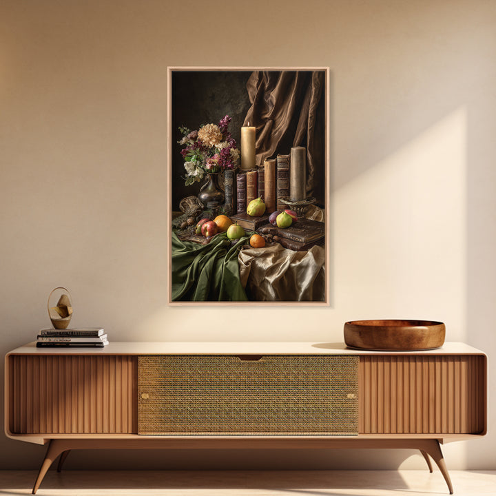 Still Life of Books Candle and Fruit Framed Canvas Print, Traditional Art, Contemporary Art, Living Room Decor, Classic, TRA-2x3-4