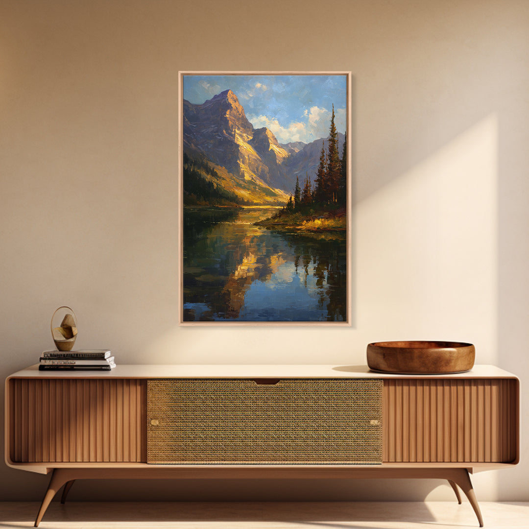 Mountain Lake with Pine Forest Reflection Framed Canvas Print, Traditional Art, Wall Hanging, Living Room Decor, Classic, TRA-2x3-41