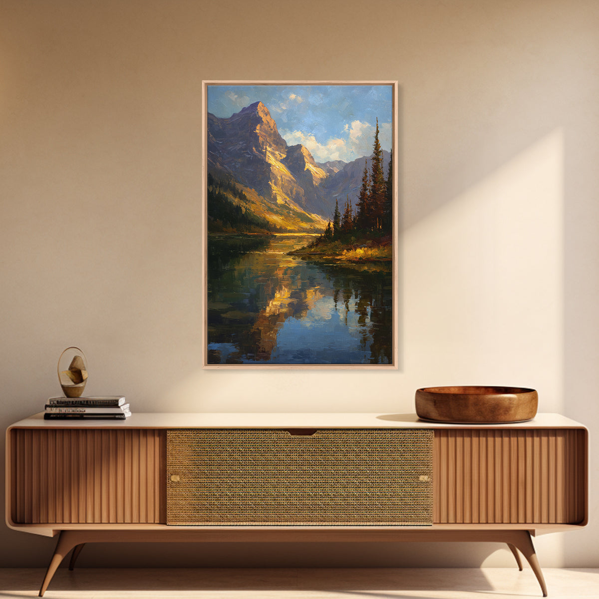Mountain Lake with Pine Forest Reflection Framed Canvas Print, Traditional Art, Wall Hanging, Living Room Decor, Classic, TRA-2x3-41