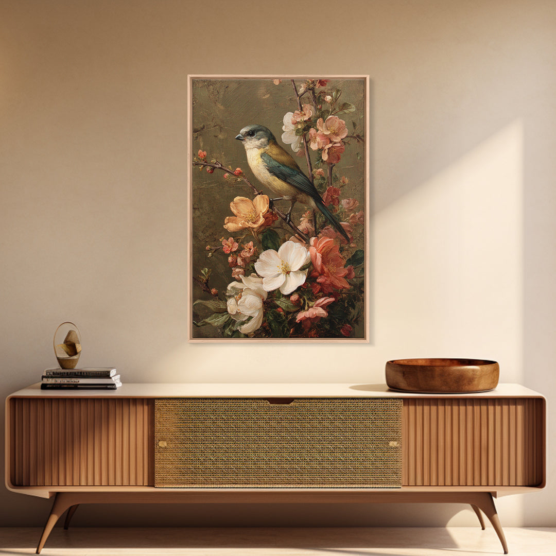Bird Study on a Flowering Branch Framed Canvas Print, Traditional Art, Home Decor, Living Room Decor, Fine Art, Classic, TRA-2x3-42