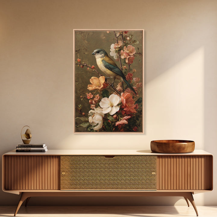 Bird Study on a Flowering Branch Framed Canvas Print, Traditional Art, Home Decor, Living Room Decor, Fine Art, Classic, TRA-2x3-42