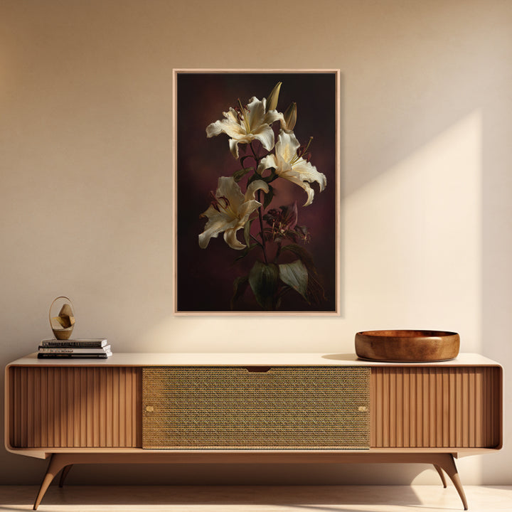 White Lilies on Dark Background Framed Canvas Print, Traditional Art, Wall Hanging, Living Room Decor, Abstract Art, Classic, TRA-2x3-47