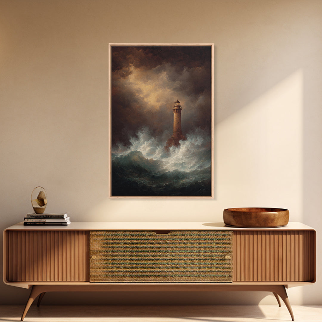 Lighthouse with Crashing Waves Canvas Print, Traditional Art, Canvas, Living Room Decor, Watercolor Art, Classic, Furry Art, TRA-2x3-5
