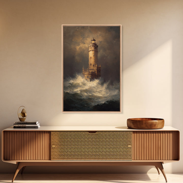 Lighthouse with Crashing Waves Framed Canvas Print, Traditional Art, Digital Print, Living Room Decor, Oil Painting, Classic, TRA-2x3-53