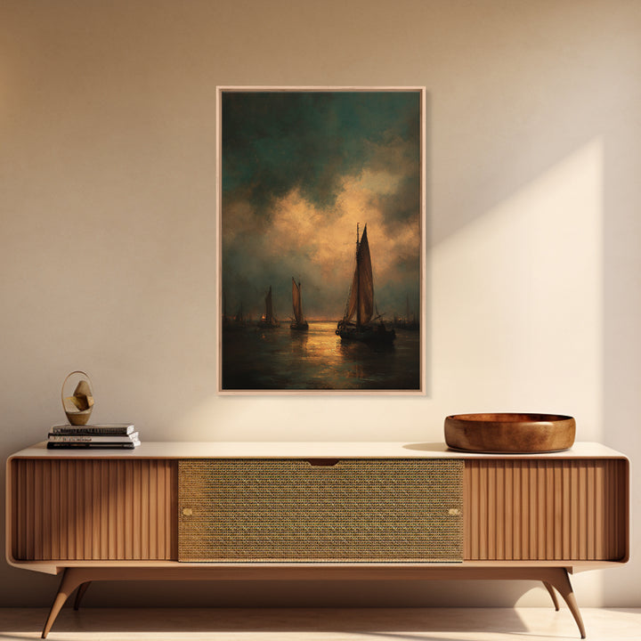 Seascape with Sailboats and Cloudy Sky Canvas Print, Traditional Art, Living Room Decor, Fine Art, Classic, Dark Art, TRA-2x3-61