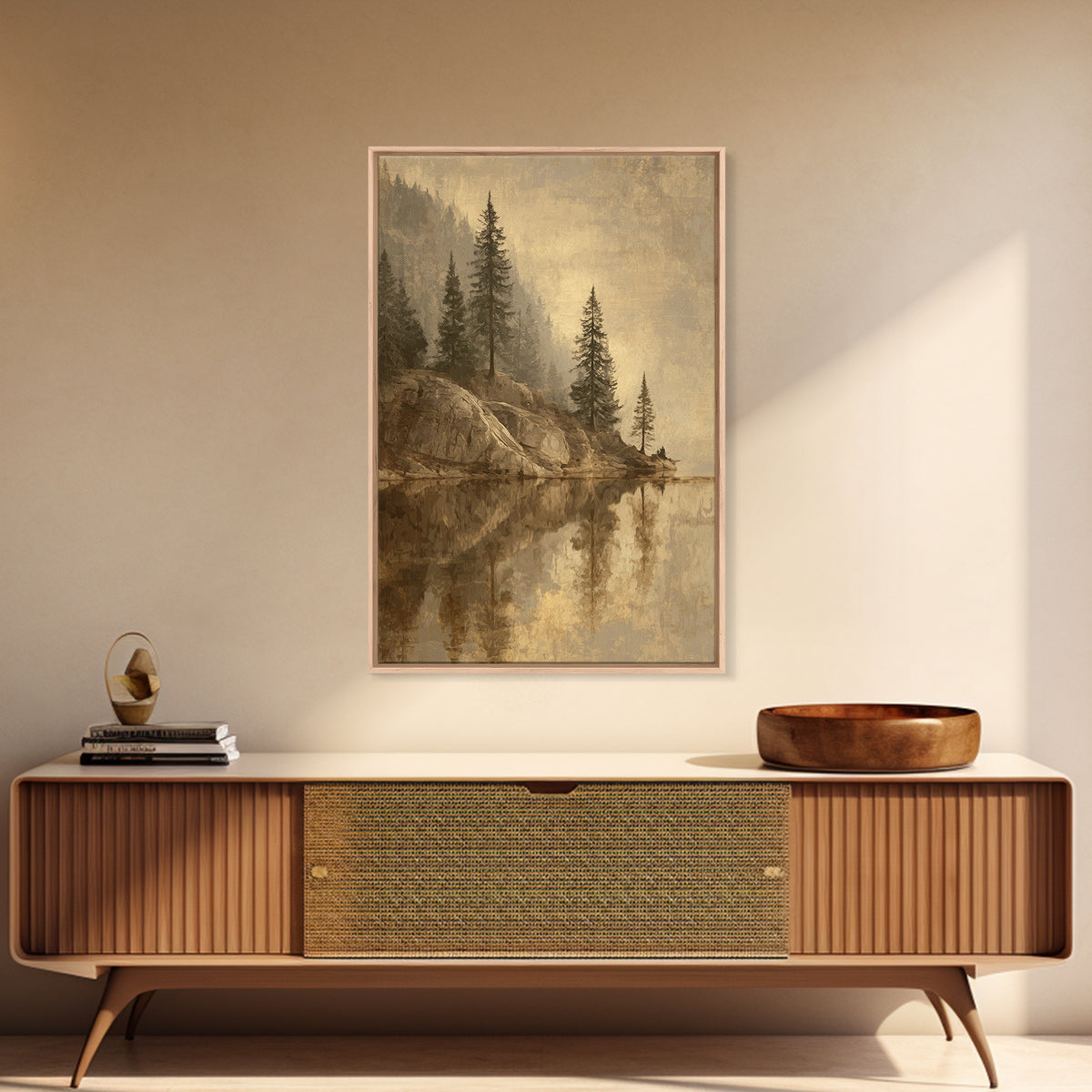 Mountain Lake with Pine Forest Reflection Canvas Print, Traditional Art, Art Commissions, Living Room Decor, Oil Painting, TRA-2x3-65