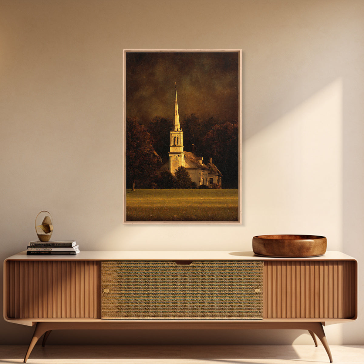 Church Steeple Across Rural Meadow Framed Canvas Print, Traditional Art, Japanese Art, Living Room Decor, Fine Art, Classic, TRA-2x3-69