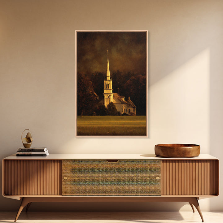 Church Steeple Across Rural Meadow Framed Canvas Print, Traditional Art, Japanese Art, Living Room Decor, Fine Art, Classic, TRA-2x3-69