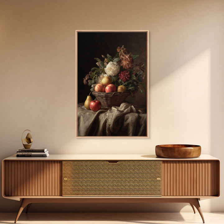 Basket of Apples and Pears on Linen Framed Canvas Print, Traditional Art, Canvas, Living Room Decor, Abstract Art, Classic, TRA-2x3-74