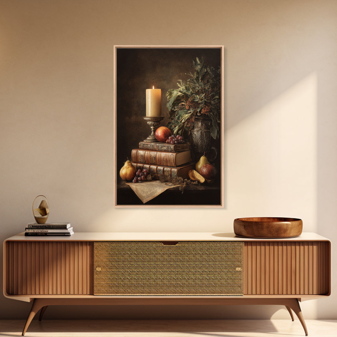 Still Life of Books Candle and Fruit Framed Canvas Print, Traditional Art, Indian Decor, Living Room Decor, Fine Art, Classic, TRA-2x3-76