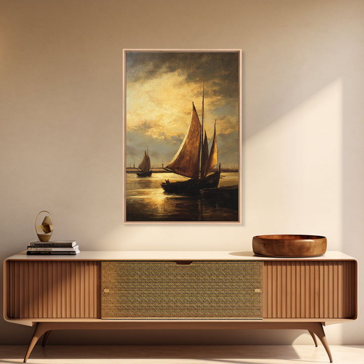 Seascape with Sailboats and Cloudy Sky Framed Canvas Print, Traditional Art, Watercolor Art, Living Room Decor, Classic, TRA-2x3-85