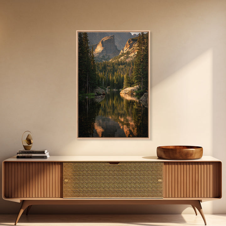 Mountain Lake with Pine Forest Reflection Framed Canvas Print, Traditional Art, Indian Wall Art, Living Room Decor, Classic, TRA-2x3-89