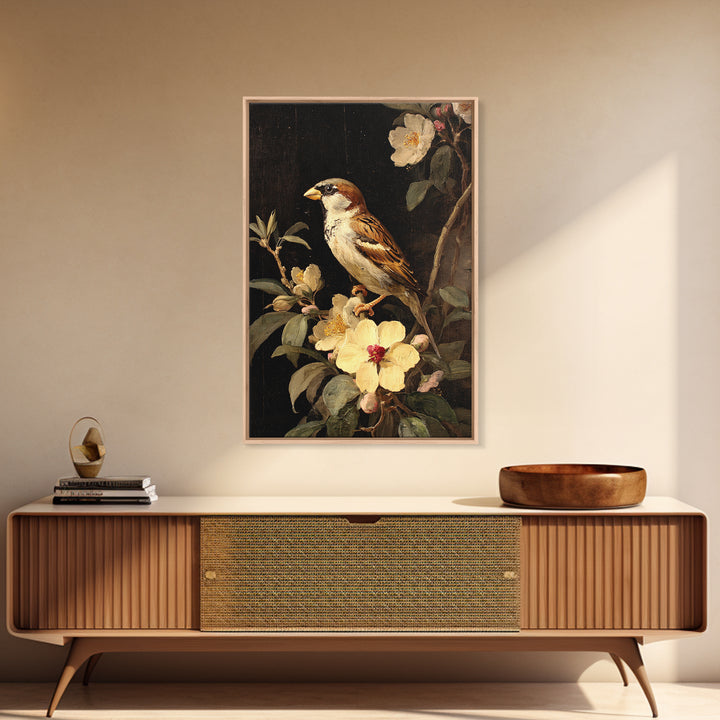 Bird Study on a Flowering Branch Framed Canvas Print, Traditional Art, Artwork, Living Room Decor, Oil Painting, Classic, TRA-2x3-90
