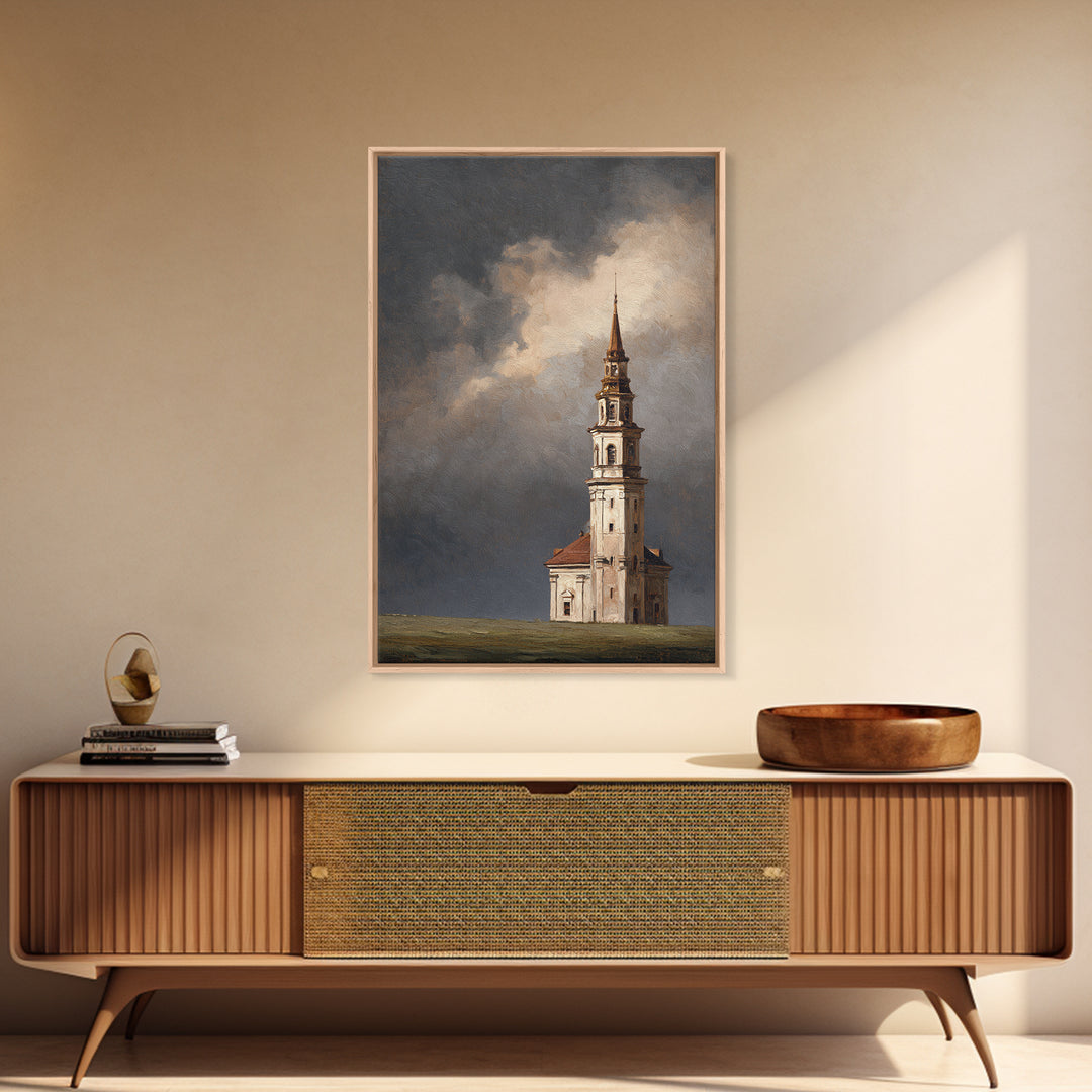 Church Steeple Across Rural Meadow Framed Canvas Print, Traditional Art, Japanese Art, Living Room Decor, Fine Art, Classic, TRA-2x3-93