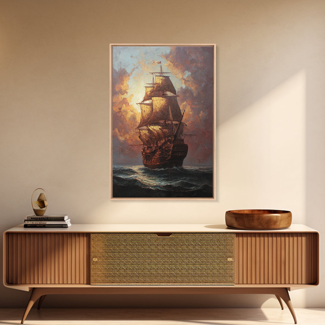Ship at Sea Framed Canvas Print, Traditional Art, Original Art, Living Room Decor, Fine Art, Classic, Landscape, Indian Art, TRA-2x3-94