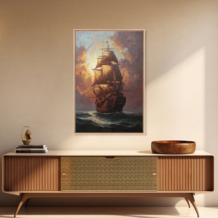 Ship at Sea Framed Canvas Print, Traditional Art, Original Art, Living Room Decor, Fine Art, Classic, Landscape, Indian Art, TRA-2x3-94