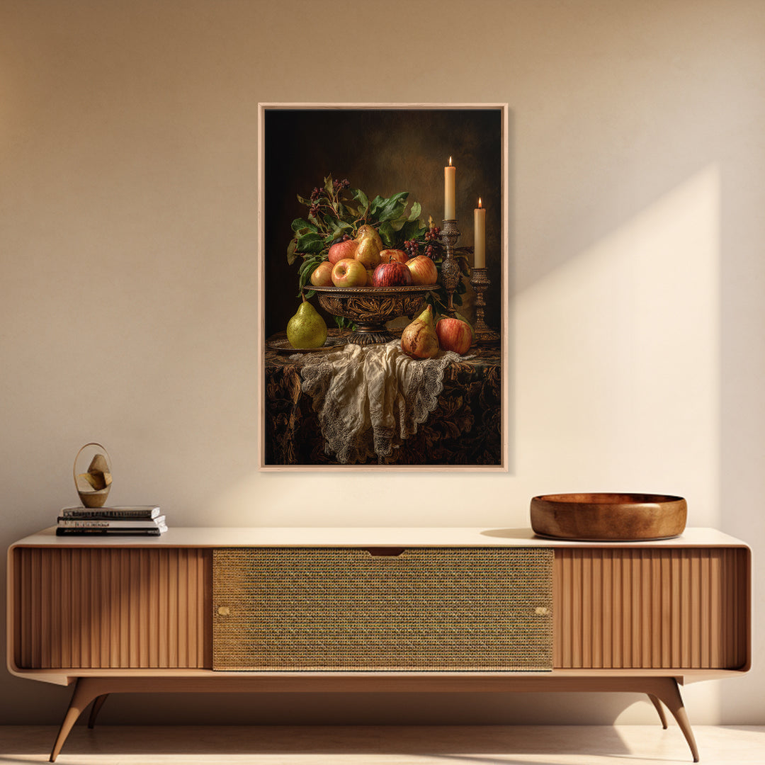 Basket of Apples and Pears on Linen Framed Canvas Print, Traditional Art, Canvas, Living Room Decor, Abstract Art, Classic, TRA-2x3-98