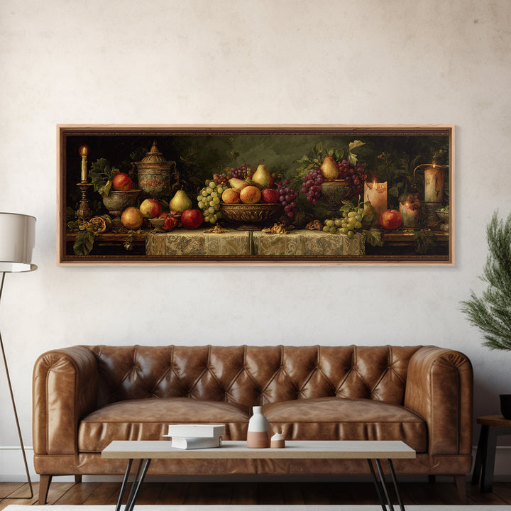 Basket of Apples and Pears on Linen Framed Canvas Print, Traditional Art, Decor, Living Room Decor, Abstract Art, Classic, TRA-3x1-10
