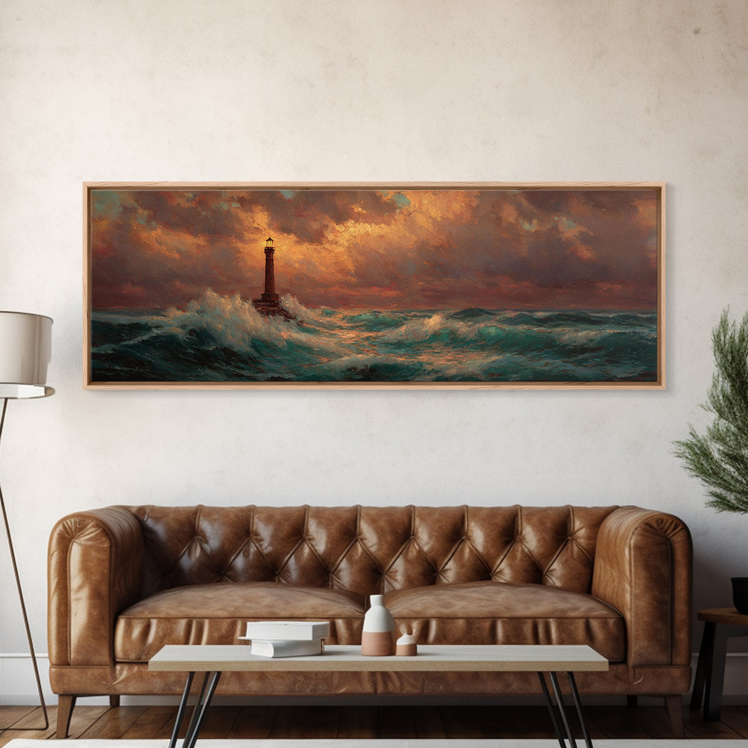 Lighthouse with Crashing Waves Canvas Print, Traditional Art, Art Commissions, Living Room Decor, Classic, Pokemon Poster, TRA-3x1-13