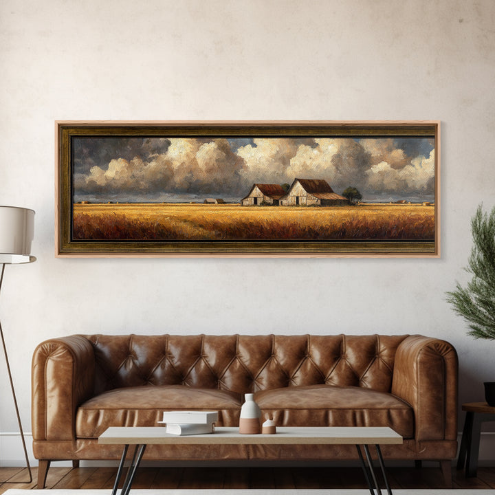 Barn and Farmland Framed Canvas Print, Traditional Art, Gallery Decor, Living Room Decor, Fine Art, Classic, Wall Art, TRA-3x1-15