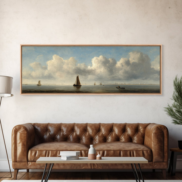 Seascape with Sailboats and Cloudy Sky Canvas Print, Traditional Art, Indian Decor, Living Room Decor, Fine Art, Classic, TRA-3x1-21