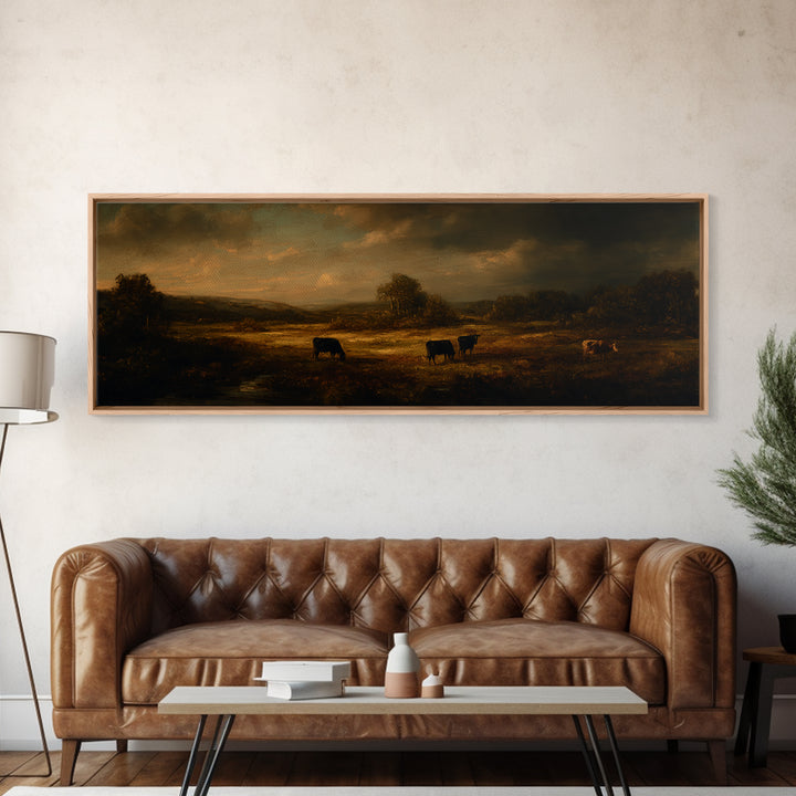Pastoral Countryside with Cows in Field Framed Canvas Print, Traditional Art, Room Decor, Living Room Decor, Fine Art, Classic, TRA-3x1-23