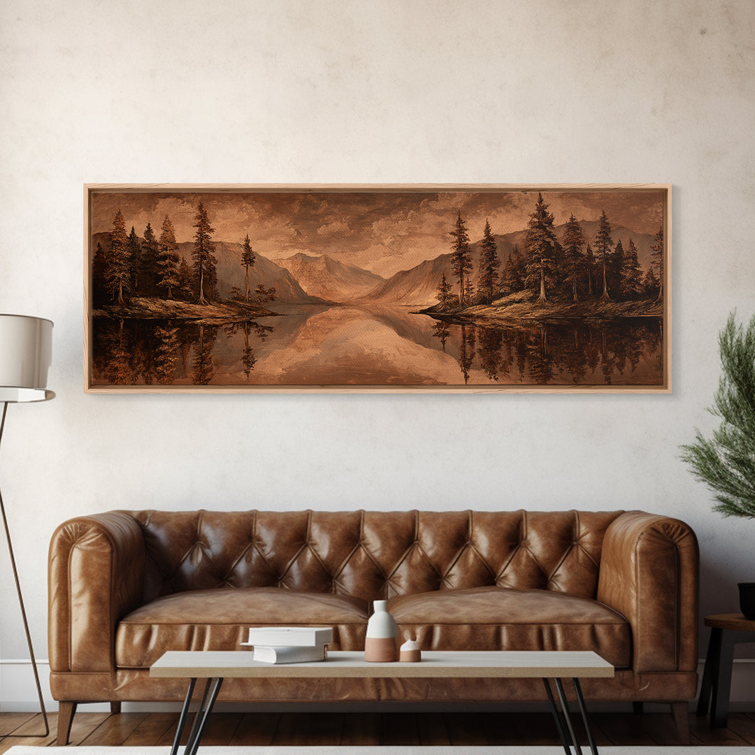 Mountain Lake with Pine Forest Reflection Canvas Print, Traditional Art, Landscape, Living Room Decor, Fine Art, Classic, TRA-3x1-25