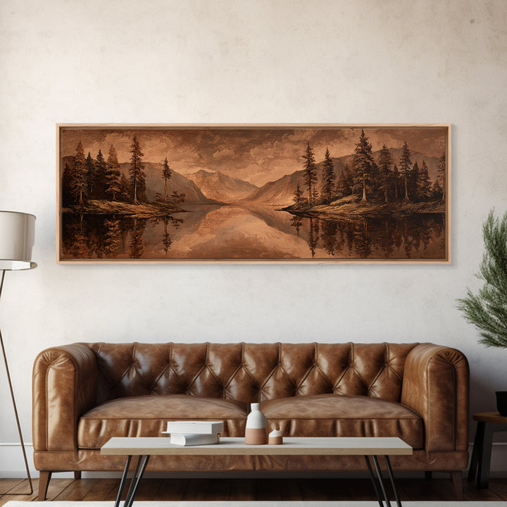 Mountain Lake with Pine Forest Reflection Canvas Print, Traditional Art, Landscape, Living Room Decor, Fine Art, Classic, TRA-3x1-25