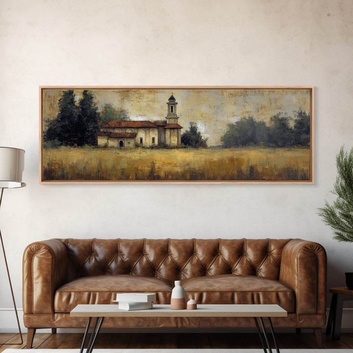 Church Steeple Across Rural Meadow Canvas Print, Traditional Art, Furry Art, Living Room Decor, Classic, Fine Art Print, TRA-3x1-29
