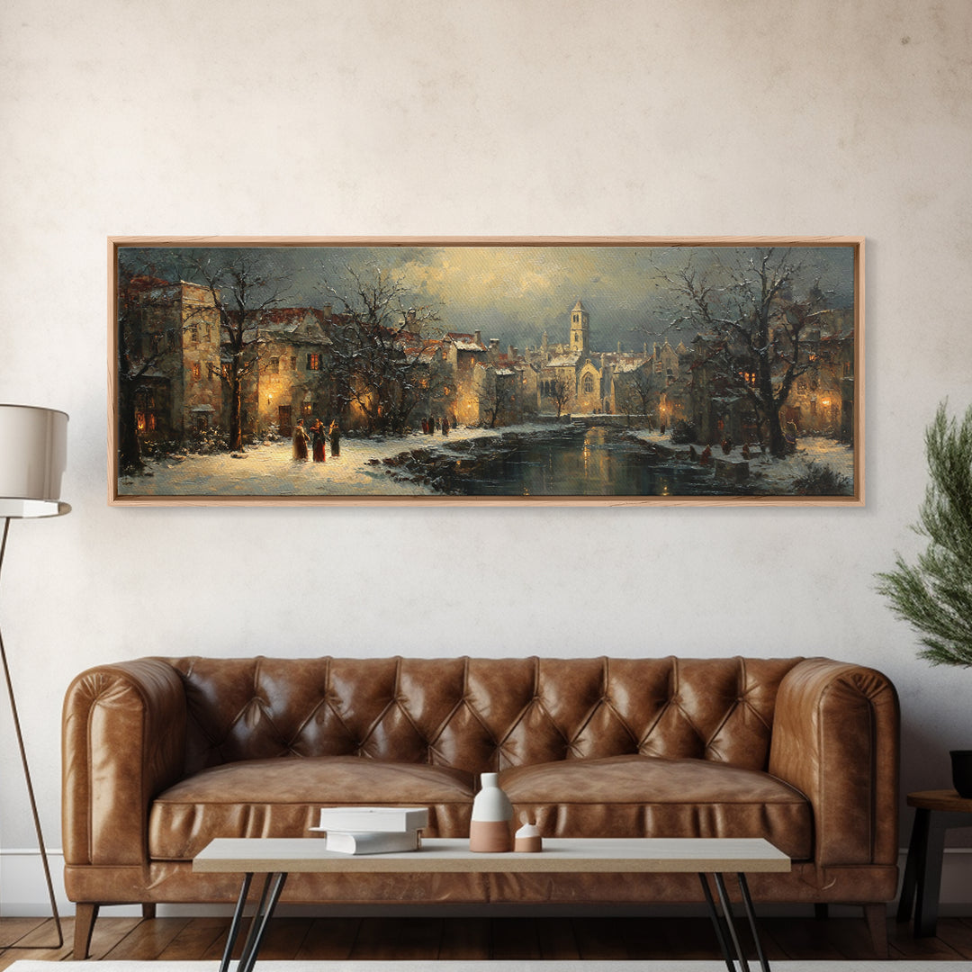 Snowy Village Landscape at Twilight Canvas Print, Traditional Art, Minimalist Decor, Living Room Decor, Oil Painting, Classic, TRA-3x1-35